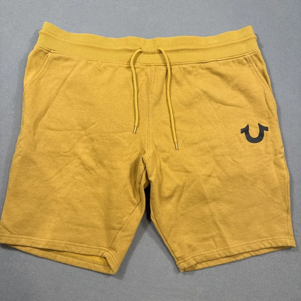 True Religion Men XXL Sweat Shorts Mustard Yellow Black Horseshoe Logo